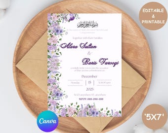 Editable Islamic Nikkah Invitation Template | Lavender Floral Muslim Wedding Reception Walima Invite | Canva Template for Digital Download