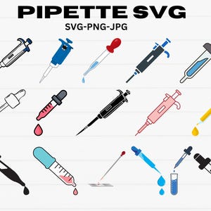 Puede incluir: Un conjunto de 12 ilustraciones SVG de pipetas en blanco y negro. Las pipetas son de varios estilos, incluyendo gotero, graduado y micropipeta. Las ilustraciones son perfectas para usar en diseños científicos o médicos.