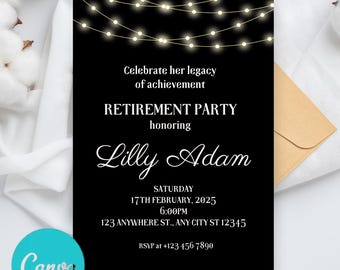 Retirement Party Invitation, Retirement Dinner Elegant Black White Gold Sparkle Glitter, Editable Retirement Birthday Party It's a Surprise