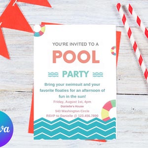 May include: A pool party invitation with a blue and white wave pattern, a red and white striped straw, and a red and white striped background. The invitation says "You're invited to a Pool Party" and includes the date, time, and location of the party.