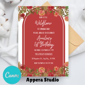 Editable Floral 1st Birthday Invite Wildflower Birthday Party Invite Template Garden Party Birthday Girl Birthday Flower Card Wildflower