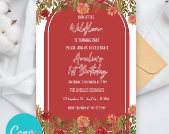Puede incluir: Una invitación de cumpleaños floral roja y blanca con el texto "Our Little Wildflower is turning one! Please join us to celebrate Amelia's 1st Birthday on Friday, 5th March at 7 PM. The Amelia's Residence 123 Anywhere St..., Any City..., St 3456 RSVP to Mom at 444-777-999 Appera Studio"