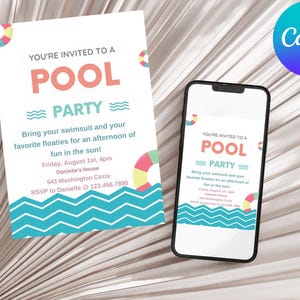 May include: A pool party invitation with a blue and white wave pattern, a pink and yellow life preserver, and the text "You're invited to a Pool Party".