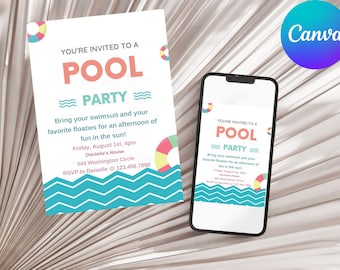 Editable Pool Party Invitation Swim Party Invite Kids Swimming Party Editable Canva Template Instant Download kids Pool Birthday Celebration