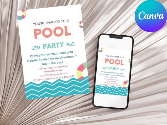 Editable Pool Party Invitation Swim Party Invite Kids Swimming Party Editable Canva Template Instant Download kids Pool Birthday Celebration