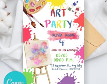 Invitación editable para fiesta de cumpleaños con arte, invitación para fiesta de cumpleaños con arte en la fiesta, invitación móvil para cumpleaños con artista de pintura artística