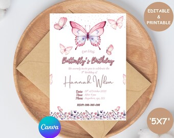 Invitación de cumpleaños de mariposa, fiesta de mariposas para niña, invitación de cumpleaños de mariposa morada, invitación para el primer cumpleaños, plantilla editable de Canva