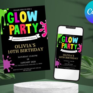 EDITIERBARE Glow Einladung Geburtstagsfeier lädt Jungen Mädchen Glow Neon Glow Crazy Arcade-Vorlage, Glow Geburtstagseinladungen Vorlage, Spiel Evite ein