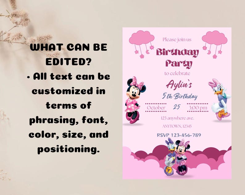 Editable Pink Minnie Mouse Birthday Invitation, Watercolor Girls ...
