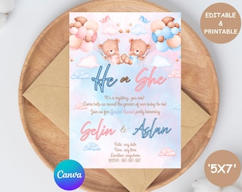 EDITABLE Teddy Bears Gender Reveal Invitation, Baby Boy Or Girl Party Invite Template, He Or She, Boho Watercolor Bear with Balloons