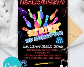 Editable Bowling Birthday Party Invitation Template, Printable Boys Bowling Birthday, Lets Strike Up Some Fun 5x7", Instant Digital Download