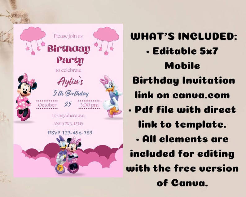 Editable Pink Minnie Mouse Birthday Invitation, Watercolor Girls ...