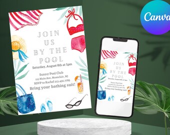 Editable Pool Party Birthday Invitation, Tropical Groovy Summer Party Bash Poolside Party Invite Template, Printable Digital Download Ecard