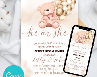 Gender Reveal Invitation Invite Teddy Bear Idea Gender Reveal Invitation Hot Air Balloons Pink And Light Blue He or She Canva Template