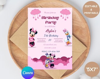 Editable Pink Minnie Mouse Birthday Invitation, Watercolor Girls Birthday Invitation, Printable Invitation, Pink Minnie Invitation, Canva
