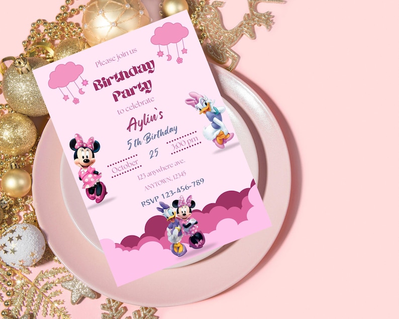 Editable Pink Minnie Mouse Birthday Invitation, Watercolor Girls ...