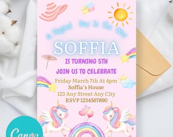 Invitación de cumpleaños de unicornio editable Fiesta mágica Invitar a niña Rosa Pastel Primera plantilla de fiesta de unicornio digital Arco iris Descargar