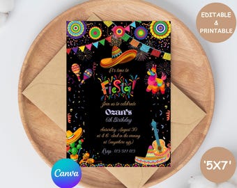 Invitación de cumpleaños editable para niño, invitación de cumpleaños de papel picado mexicano, para cualquier edad, imprimible, Canva