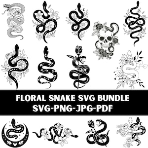 May include: A collection of black and white floral snake designs. The designs include snakes intertwined with flowers, roses, and a skull. The text "FLORAL SNAKE SVG BUNDLE SVG-PNG-JPG-PDF" is displayed at the bottom of the image.
