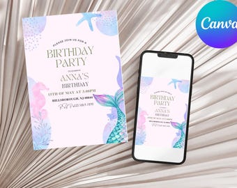 Mermaid Birthday invitation, Editable mermaid invite, under the sea invitation, Girl Mermaid party, mermaid pool party TEMPLATE, Editable