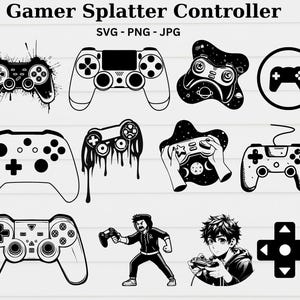 May include: A set of 10 black and white vector illustrations of different game controllers. The illustrations include a classic controller, a modern controller, a splattered controller, a controller with a space background, a controller with a galaxy background, a controller with a pixelated background, a controller with a retro background, a controller with a futuristic background, a controller with a cartoon character, and a controller with a d-pad.