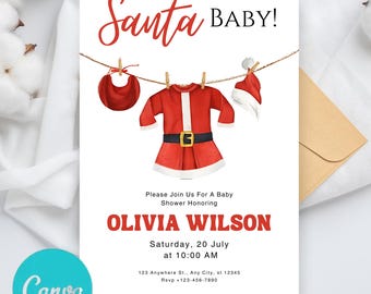 Może przedstawiać: Zaproszenie na baby shower z ubraniem Świętego Mikołaja wiszącym na sznurku do suszenia. Zaproszenie brzmi "Santa Baby!" i jest dla Olivii Wilson. Prysznic odbędzie się w sobotę, 20 lipca o 10:00. Adres to 123 Anywhere St., Any City, st 12345. Numer RSVP to +123-456-7890. Zaproszenie pochodzi od Appera Studio.