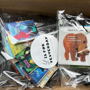 Pu&ograve; includere: Una collezione di libri per bambini confezionati in due sacchetti di plastica trasparente all'interno di una scatola di cartone. I libri includono titoli come Brown Bear, Brown Bear, What Do You See?, Sleeping Beauty e The Little Mermaid. Un adesivo circolare riporta la scritta Y IS FOR YESTERDAY.