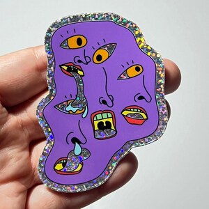 Adesivo ALL OVER THE PLACE // Adesivo de garrafa de água excêntrico e bobo com glitter Pop Art Adesivo de rostos emocionais sobrepostos