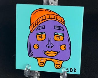 Whimsical Handmade Acrylic Painting Housewarming Miniature 3x3 in Collectible Illustration Quirky Cute Funny Birthday Gifts | Hoodie Buddy