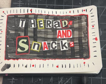 Therapy and Snacks Mini Art: India Ink, Recycled Cardboard (5.5 x 3.5 inches)