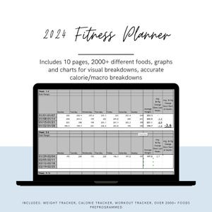 May include: A black laptop computer screen displaying a fitness planner for the year 2024. The planner includes a weight tracker, calorie tracker, workout tracker, and over 2000 foods. The planner is preprogrammed.