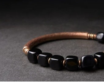 Cubic Black Obsidian Bracelet With Handcrafted Antique Copper Accessories Trendy Protection Stone Jewelry for Men and Women