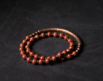 Handmade Retro Copper Cuff Bracelet with Red Jasper & African Green Beads - Unisex Vintage-Inspired Jewelry