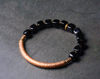 Cubic Black Agate Bracelet With Handcrafted Antique Copper Accessories Trendy Protection Stone Jewelry for Men and Women