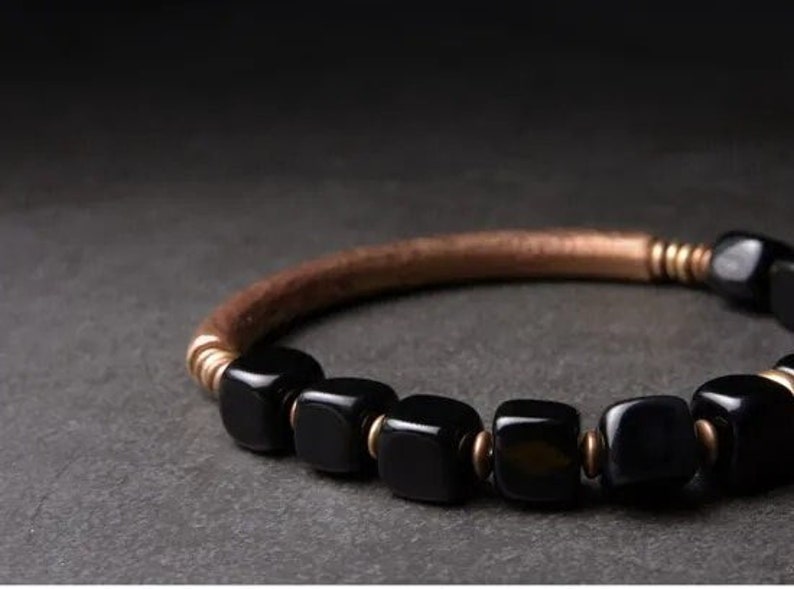 Cubic Black Agate Bracelet With Handcrafted Antique Copper Accessories Trendy Protection Stone Jewelry for Men and Women zdjęcie 3