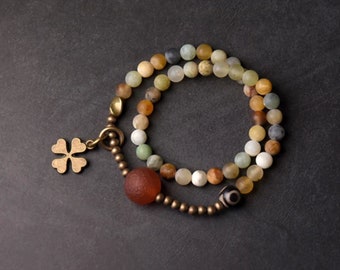 Lucky Clover Bracelet with Yellow Red Onyx Stone and Amazonite Beads - Confidence Boosting Jewelry Gift for Women/Sisters