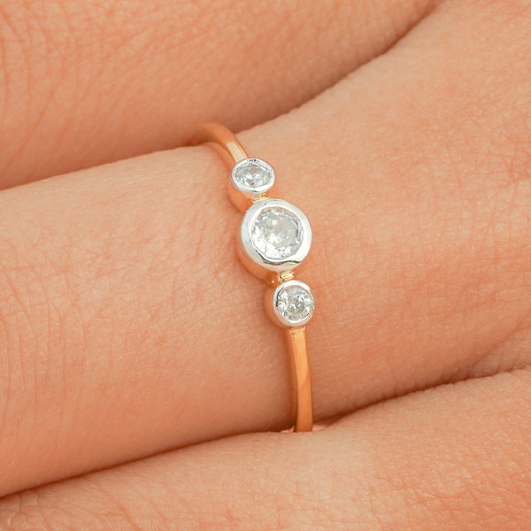 Gold Bezel Set Ring Three Stone Natural Diamond Ring Dainty Gold Ring Minimalist Ring Triple Diamond Ring Valentine's Gift For Her