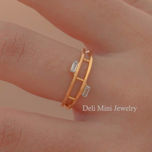 Dainty & Tiny Baguette Double Round Band,14k Gold Minimal Baguette Wedding Ring,Baguette Cut Moissanite Wedding Band