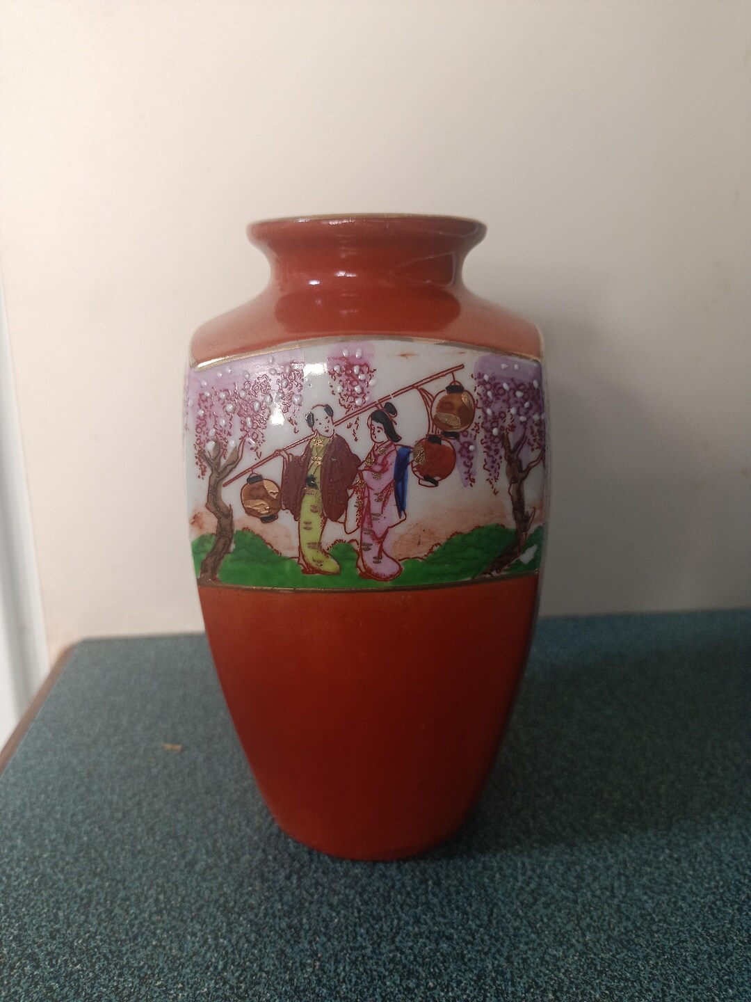 Vintage Japanese Hand Painted Porcelain Vase Red/rust Colour Featuring ...