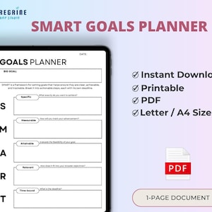 SMART Goals Planner, Printable Goal Setting Worksheet, A4 and Letter PDF, Goal Action Plan, Personal and Professional Development
