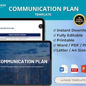 May include: A 4-page communication plan template in Word, PDF, and PPT formats. The template features a cityscape background and the text "Communication Plan" in a bold, blue font. The template is ready to be customized for presentations.