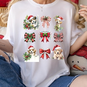 4 Puppies & Christmas Bows Tee – Cute Festive Dog Shirt for Holiday Lovers, Adorable Pet Owner Apparel Gift for her at Christmas time