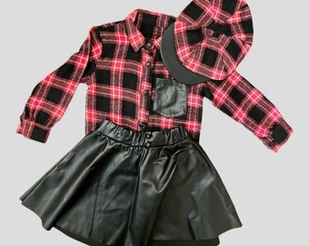 Girls' Leather Skirt - Shirt Set 3-Pieces (Leather skirt, Cotton Shirt, Leather-detailed Cap)