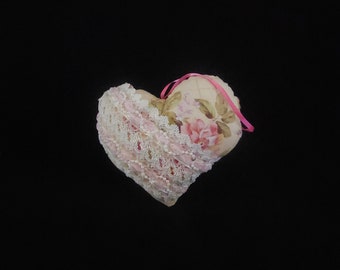 Heart Sachet- lavender scented- white lace pink ribbon pearl beaded heart