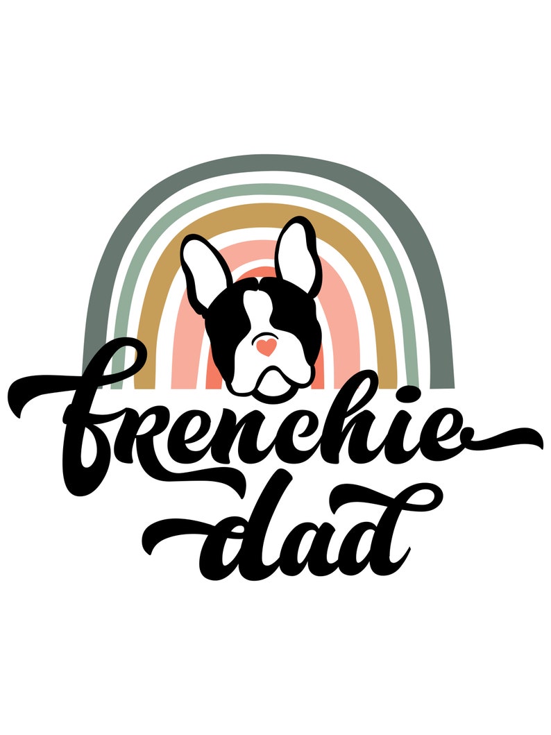 A gay French Bulldog dog dad tshirt - the perfect gift for him! This tee features a Pride rainbow and a French bull dog graphic with the words Frenchie dad in decorative writing. Celebrate the gay man in your life and the bond between him and his dog