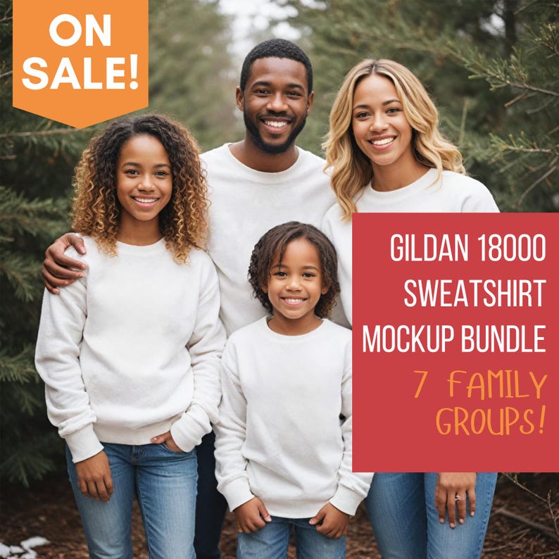 May include: A family of four wearing white sweatshirts in a woodland setting. The image includes the text "GILDAN 18000 SWEATSHIRT MOCKUP BUNDLE 7 FAMILY GROUPS!"