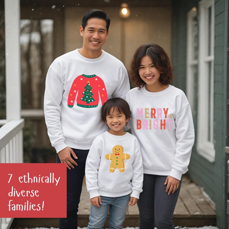 FAMILY SWEATSHIRT MOCKUPS bundle, Gildan 18000, family shirt mock-ups, Christmas shirt mockups, family group Xmas mockups, Canva mock ups, diverse family groups, winter themed, perfect for your Christmas designs.