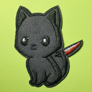 Black Cat Knife Patch, Bloody Knife Cat Badge, Dark Humor Iron On Patch, Creepy Cute Accessory, Goth Halloween Gift, Jacket Patch