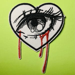 Crying Heart Patch, Bleeding Eye Heart Badge, Weird Goth Iron On Patch, Dark Surreal Accessory, Alt Fashion Gift, Jacket Backpack Patch