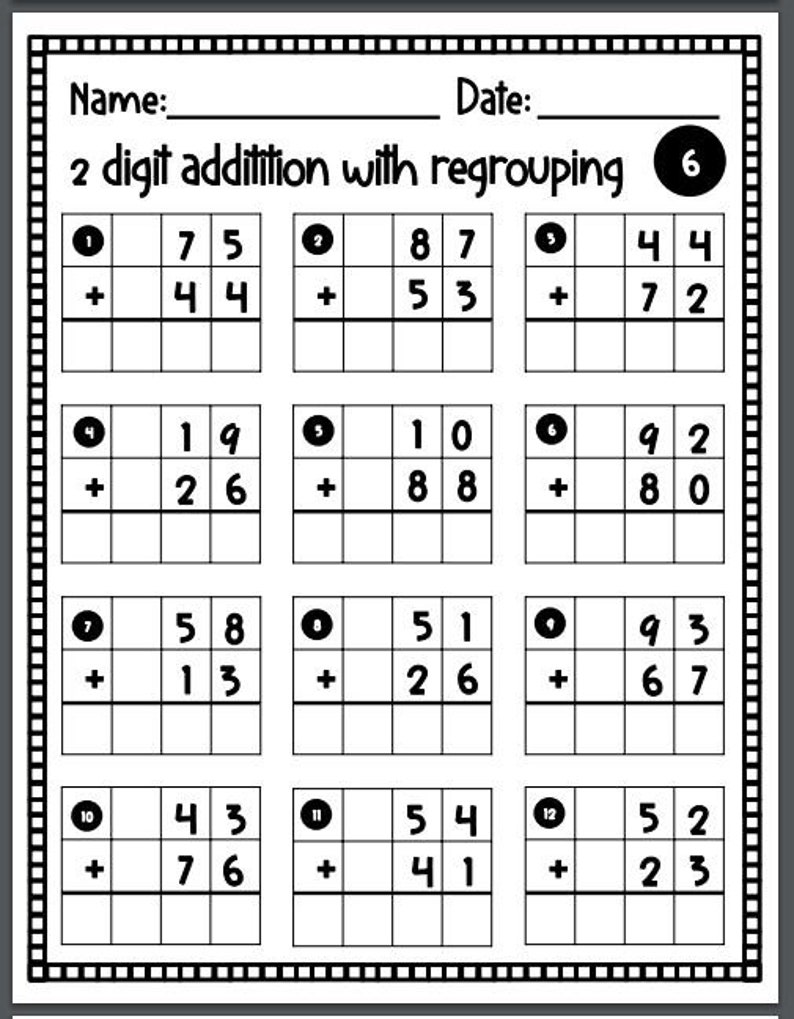 May include: A black and white worksheet with 12 math problems for two-digit addition with regrouping. Each problem has a number 1 through 12 in a circle next to it. The problems are arranged in a grid of four rows and three columns.